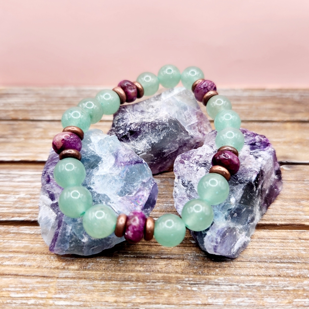 Green Aventurine, Sugilite, and Copper Beaded Bracelet